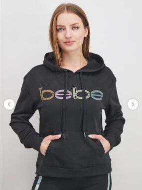 bebe Black Pullover Hoodie with Rainbow Outline Logo